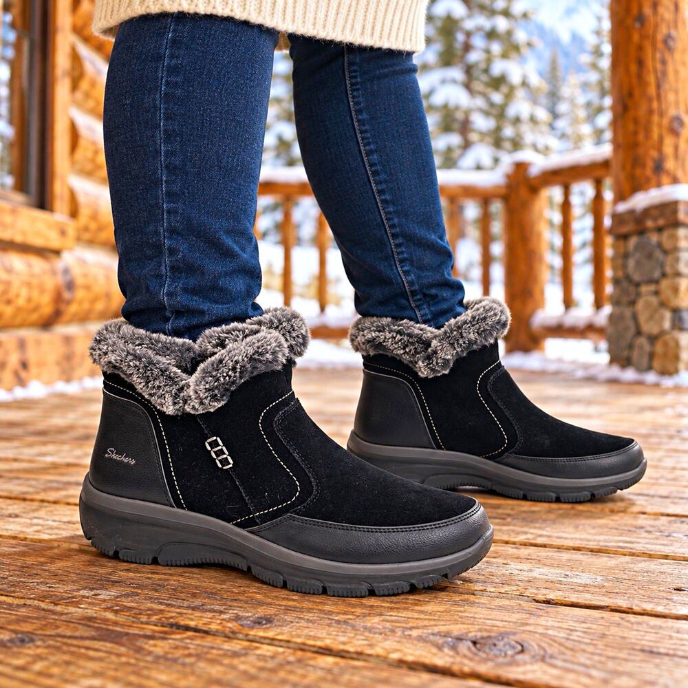 Skechers Warm Escape Ankle Boots Womens 9.5 Black Faux Fur Easy Going 167403